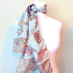 Silk Scarf Aqua Teal Seashells Beach Print Long Hand-Rolled Edges